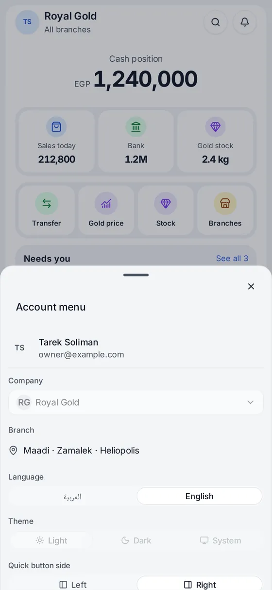 Account menu with company and branch